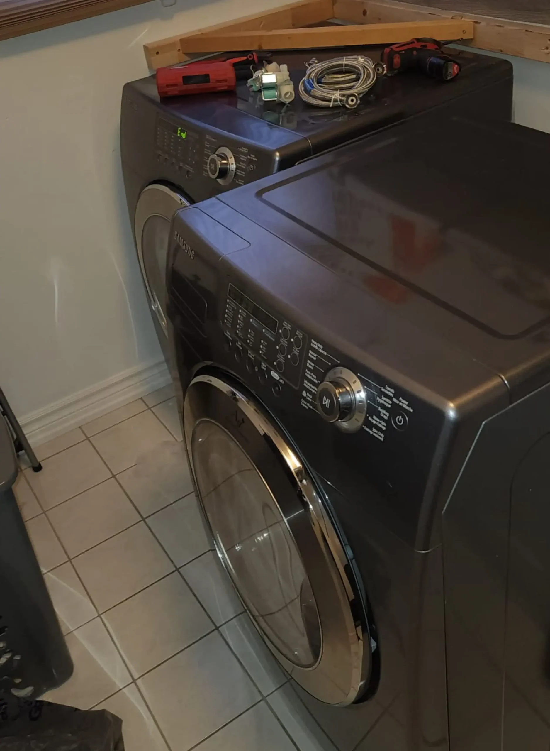 Samsung_Washer_Water_Leak_Valve_Water_Line_Replacement Samsung washer experiencing water leaks and clogged water line due to calcium buildup, valve and water line replacement by EZFix Appliance Repair.