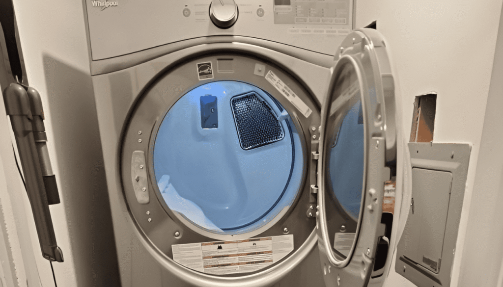 Inspecting the power cord for damage as a troubleshooting step for a washing machine that won’t start, ensuring the cord is plugged in properly.