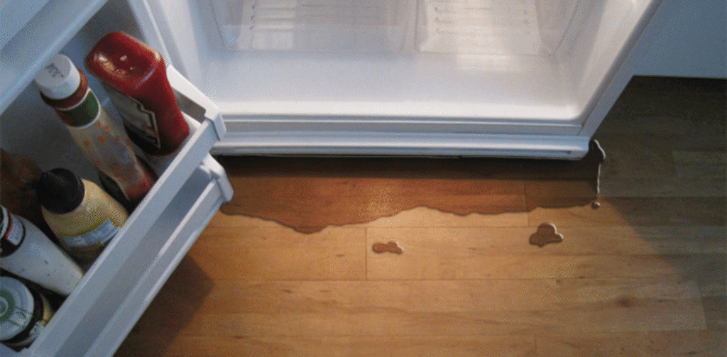 A professional repairman fixing a leaking refrigerator, focusing on sealing the door gasket to prevent water leaks.