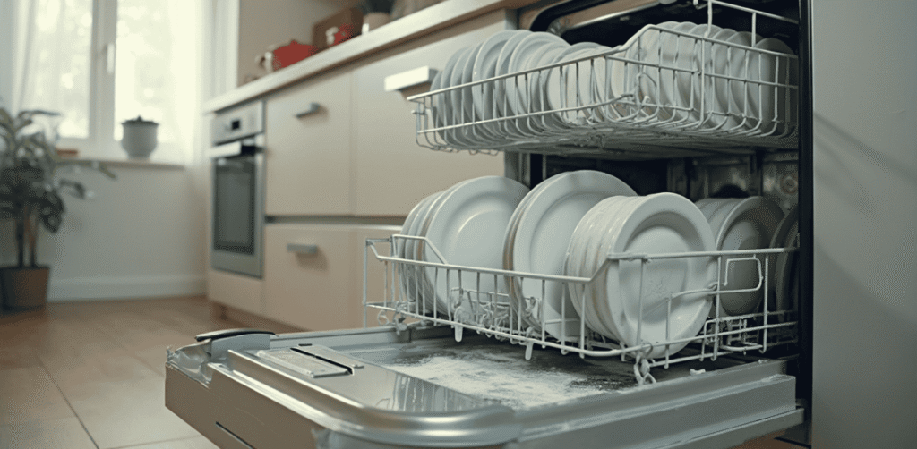 Close-up of standing water in the bottom of a dishwasher caused by a clogged filter or faulty drain pump, requiring DIY repair or professional service by EZFIX Appliance repair