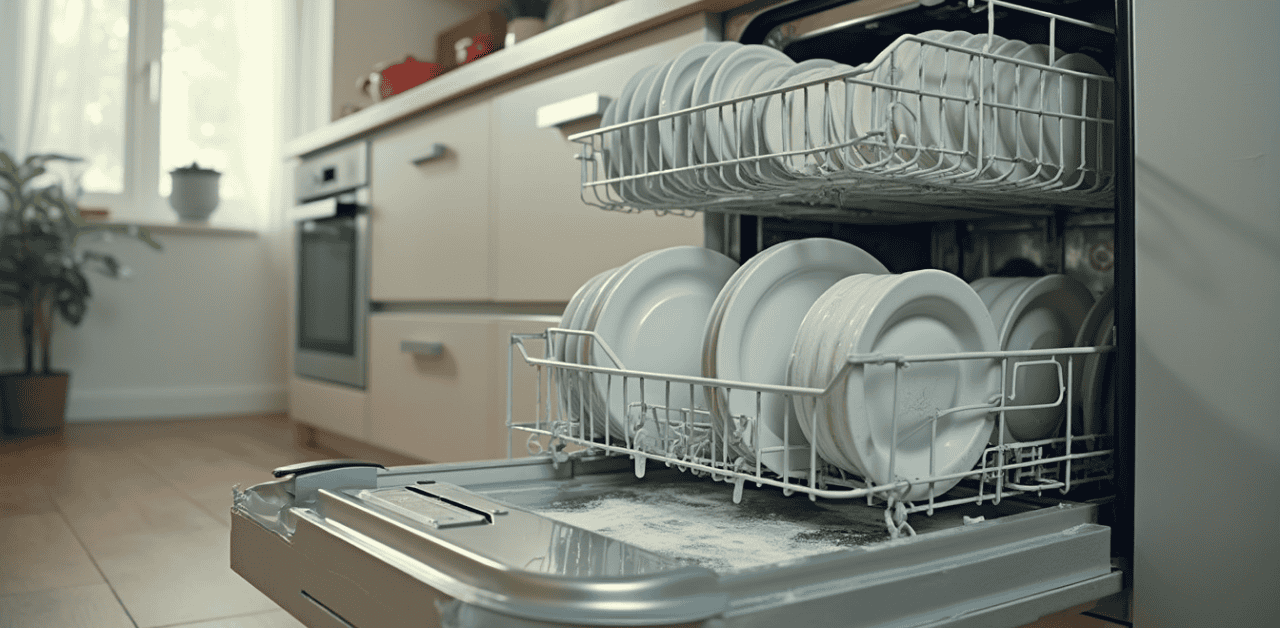 Close-up of standing water in the bottom of a dishwasher caused by a clogged filter or faulty drain pump, requiring DIY repair or professional service by EZFIX Appliance repair