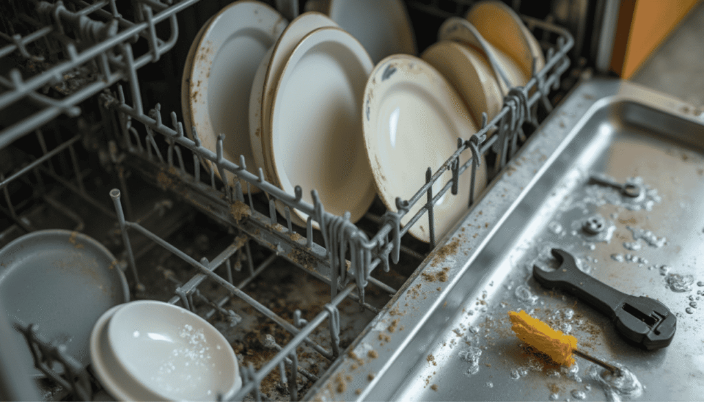 Open dishwasher loaded with dirty dishes, showing cleaning issues caused by clogged spray arms or hard water buildup.