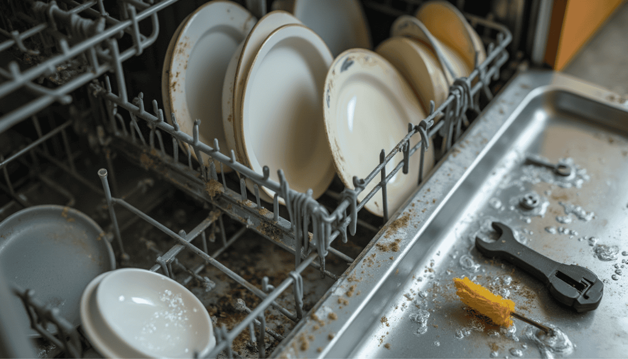 Open dishwasher loaded with dirty dishes, showing cleaning issues caused by clogged spray arms or hard water buildup.