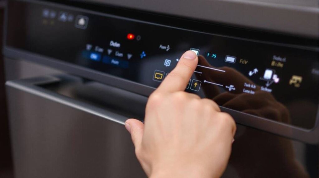 A person pressing the control panel of a dishwasher, troubleshooting steps for unlocking a stuck dishwasher door