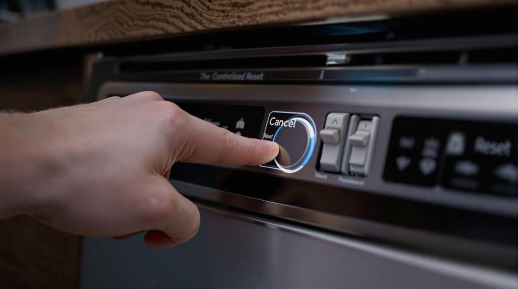 A hand pressing the cancel/reset button on a dishwasher, a common troubleshooting step for unlocking the door